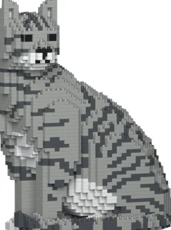 Figurine Chat tigré gris clair assis Bloc de construction Jekca