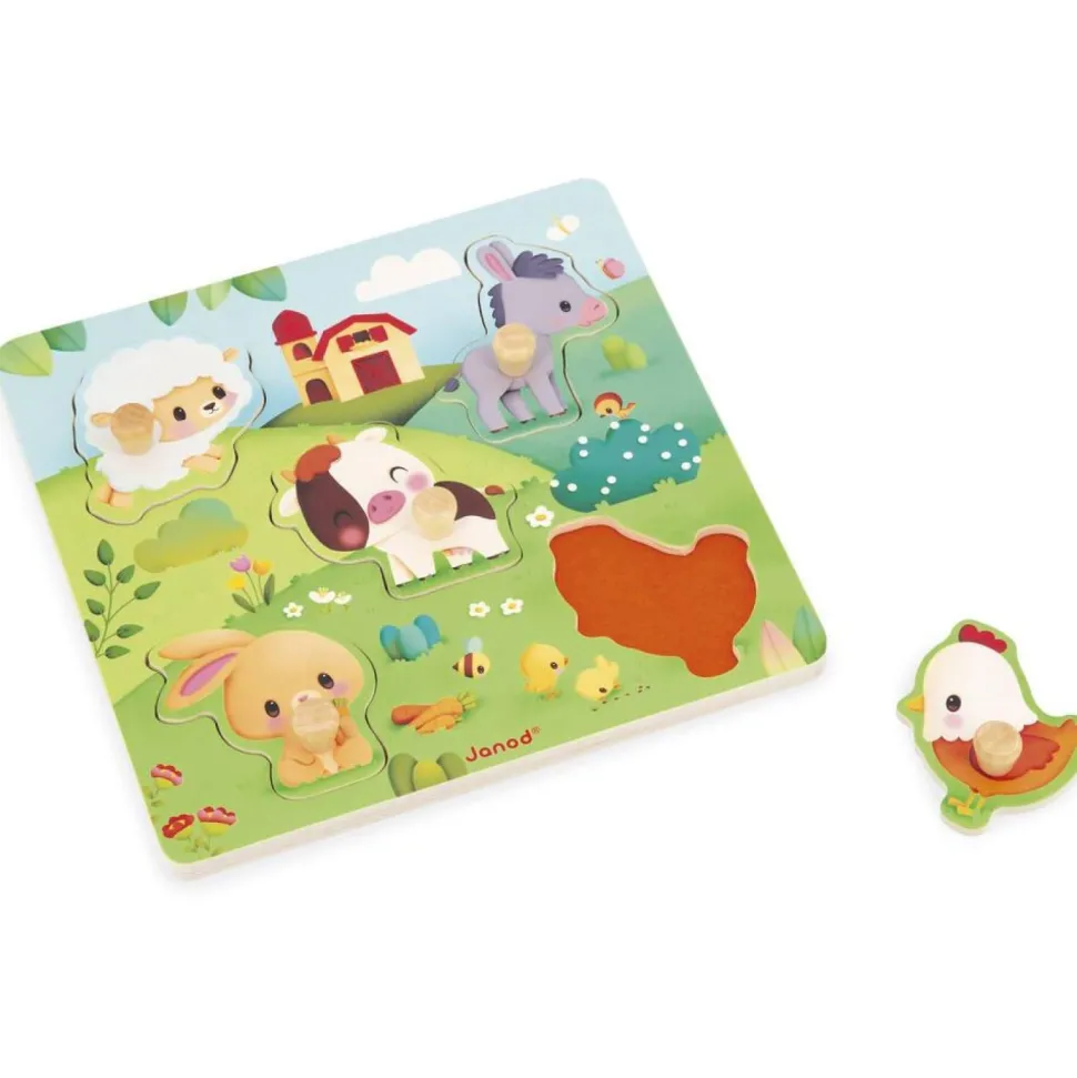 Puzzle tactile en bois 5 pièces - thème animaux de la ferme